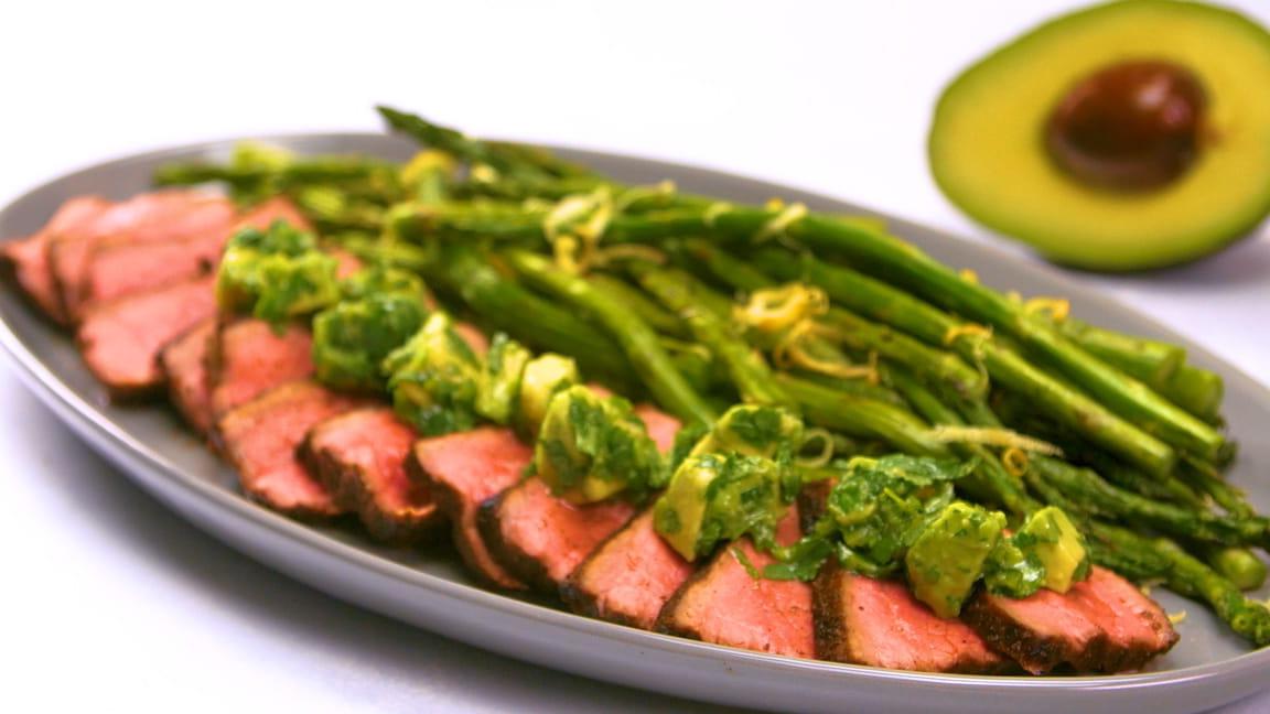 Avocado-Chimichurri Steak with Grilled Asparagus